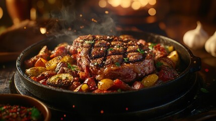 Sizzling ribeye steak with roasted potatoes and vegetables in cast iron skillet.