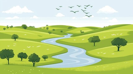Pixelated green valley landscape with river stream and clear blue sky a serene nature backdrop for creative retro game projects