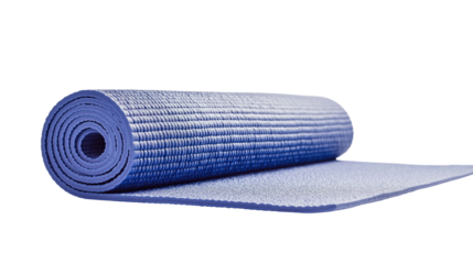 Rolled Blue Yoga Mat on White Background
