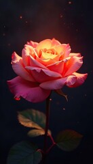 The golden rose glows softly on a dark canvas, soft, glow, modern