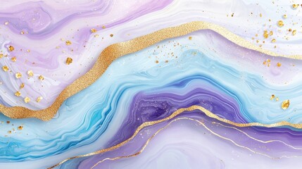 Elegant Abstract Art with Swirls of Lavender, Blue, and Gold Highlights on a Soft White Background Creating a Luxurious Atmosphere and Aesthetic Appeal