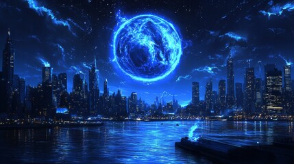 Neon metropolis under celestial event captivating cityscape with vibrant light and cosmic sphere creating futuristic and dreamlike atmosphere