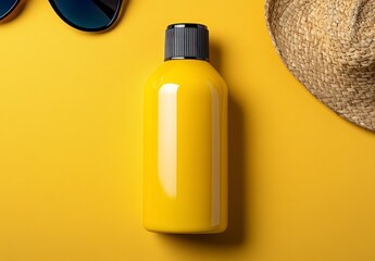 Yellow Sunscreen Bottle Summer Essentials On Yellow Background