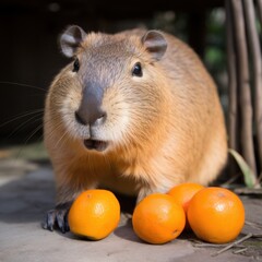Fototapeta premium Capybara Relaxing Outdoors Next to Fresh Oranges on the Ground
