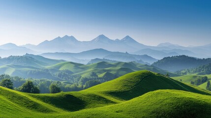 Obraz premium Serene Green Rolling Hills Under a Clear Blue Sky with Majestic Mountains in the Background Captured at Sunrise in a Peaceful Natural Landscape