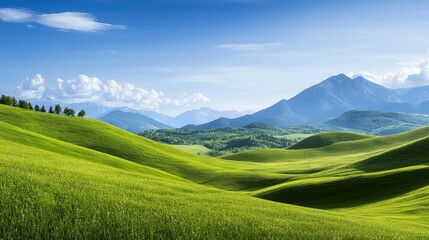 Obraz premium Scenic View of Lush Green Hills and Majestic Mountains Under a Bright Blue Sky with Fluffy White Clouds in a Serene Landscape Setting