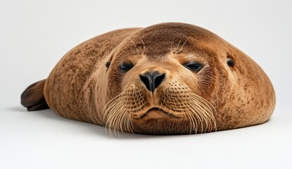 Young Brown Sea Lion Resting on White Background