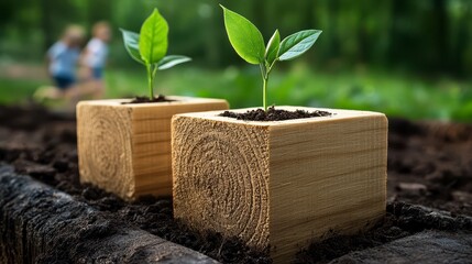 Young Green Plants In Wooden Cube Planters In A Garden