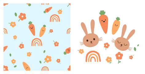 Seamless pattern with carrot cartoons, orange flower and rainbows on blue background. Rabbit, carrot, cute flower and rainbow icon sign vector. 