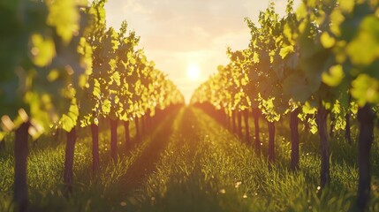 Vineyard sunset, rows of grapevines, sunlit.
