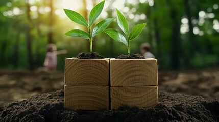 Young Plants Growing In Wooden Blocks, Children Playing In Background