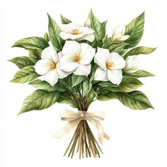 Elegant White Camellia Bouquet Watercolor Illustration
