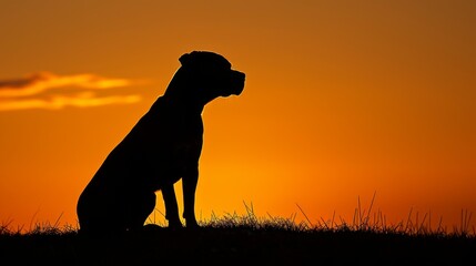 Dog silhouette against vibrant orange sunset sky with contrasting outlines