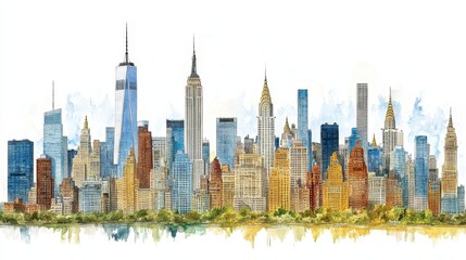 Fototapeta premium Watercolor cityscape illustration showcases urban skyline and architectural landmarks with artistic flair capturing the city essence