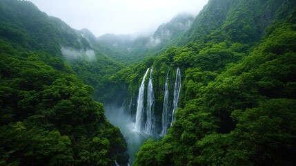 Fototapeta premium Misty Mountain Waterfall Cascading Through Lush Green Forest