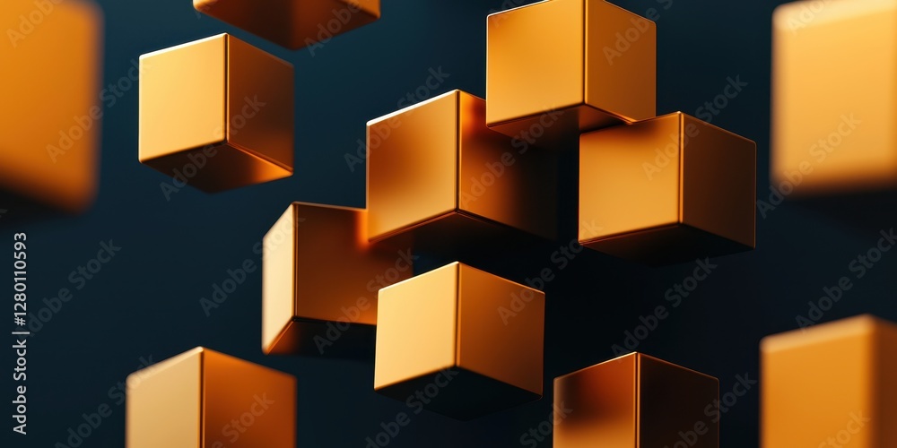 Poster A dynamic arrangement of golden cubes floating against a dark background, creating a sense of depth and modernity.