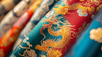 Dragon silk fabrics hanging, Asian market, textile detail, gold embroidery, close-up