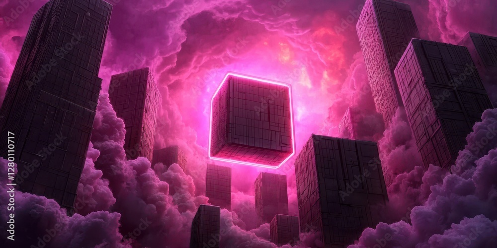Poster a surreal scene featuring a large, glowing cube surrounded by dark skyscrapers and vibrant pink clou