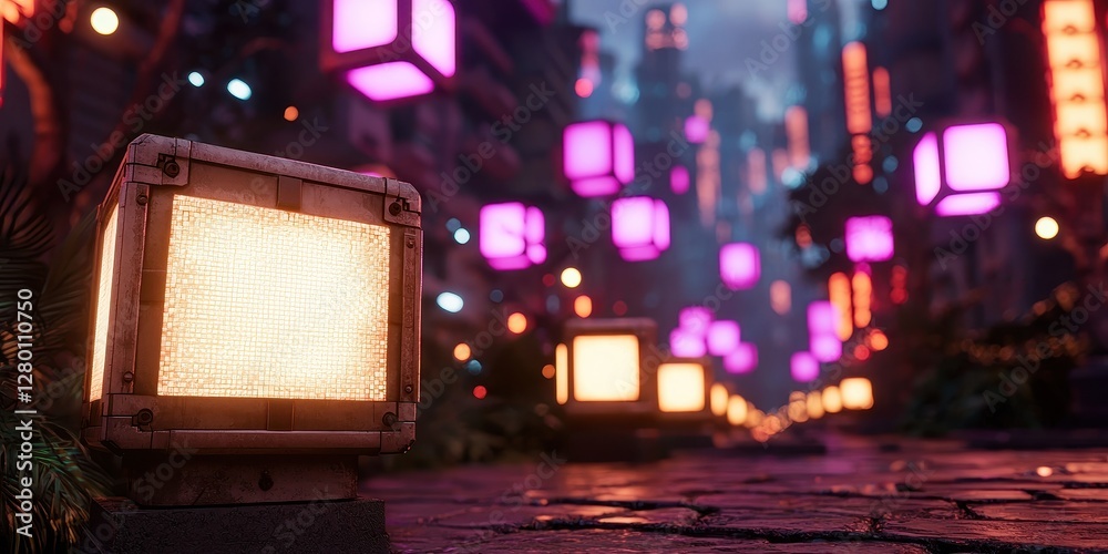 Poster a vibrant digital street scene illuminated by colorful lanterns, showcasing a futuristic urban envir