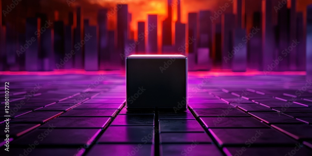 Poster a glowing cube stands in a futuristic cityscape, illuminated by vibrant purples and reds, creating a