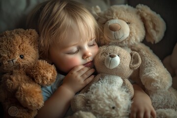 A small child whispers goodnight to their stuffed animals before closing their eyes. The room is filled with soft