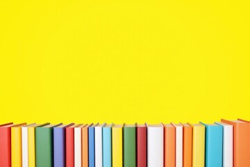 Row of books with colorful covers yellow background