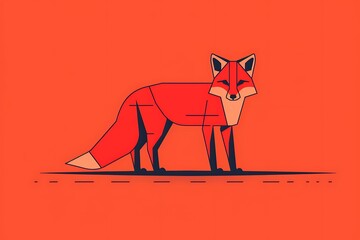 Obraz premium Minimalist linear icon of a fox, in striking red-orange. Elegant, simple lines creating a sleek appearance.