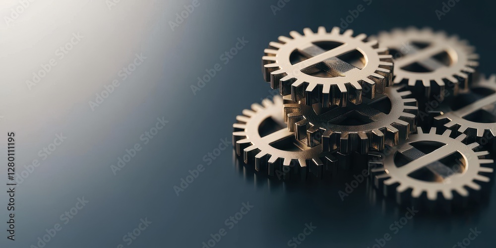 Poster a close-up of metallic gears arranged on a smooth surface, highlighting their intricate design and c