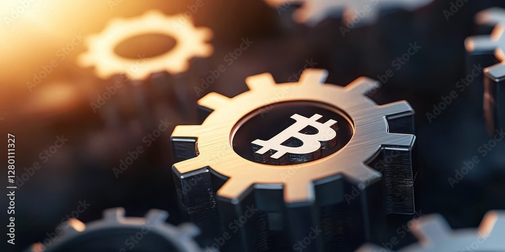 Poster The image features metallic gears with a Bitcoin symbol, symbolizing the intersection of technology and cryptocurrency.