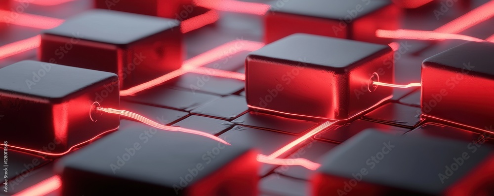 Poster A close-up view of glowing red blocks connected by luminous lines, creating a futuristic and digital aesthetic.