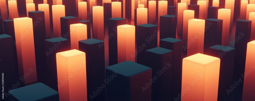 Poster a vibrant digital landscape filled with glowing pillars, creating an abstract and immersive atmosphe