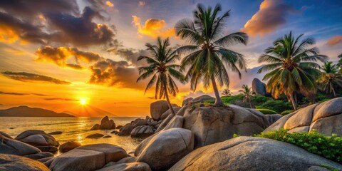 Sanya's fiery sunset paints End of the World Park's palm-fringed granite cliffs.