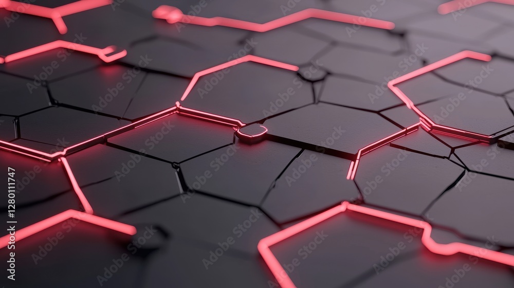 Poster A close-up view of a textured surface with hexagonal patterns highlighted by glowing red lines, creating a modern and futuristic aesthetic.