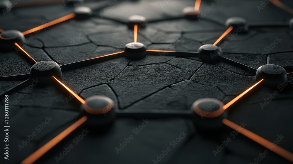 Poster An intricate network of nodes connected by glowing lines, set against a textured, dark surface, suggesting a digital or technological theme.