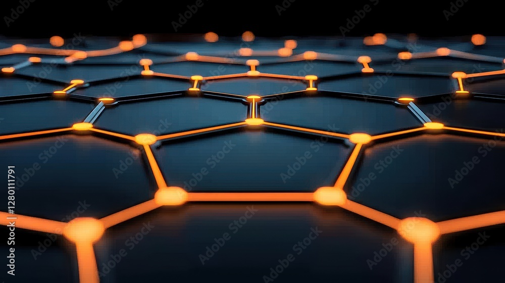 Poster a modern, abstract depiction of a hexagonal network illuminated with orange nodes against a dark bac