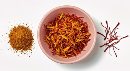 Fototapeta premium A Pink Ceramic Bowl Filled With Golden Yellow Saffron Threads, Surrounded by a Small Amount of Ground Saffron