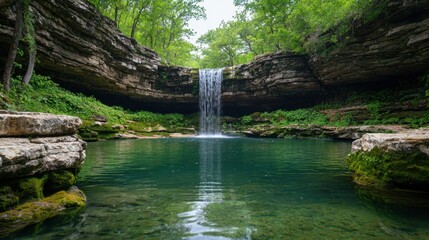 Serene Waterfall Cascading into Tranquil Pool Surrounded by Lush Greenery in Captivating Natural Landscape