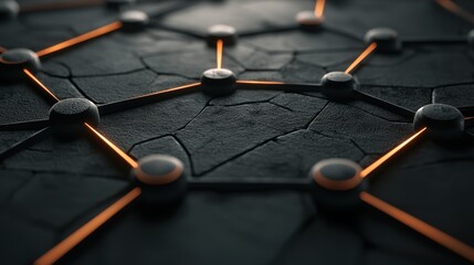 An intricate network of nodes connected by glowing lines, set against a textured, dark surface, suggesting a digital or technological theme.