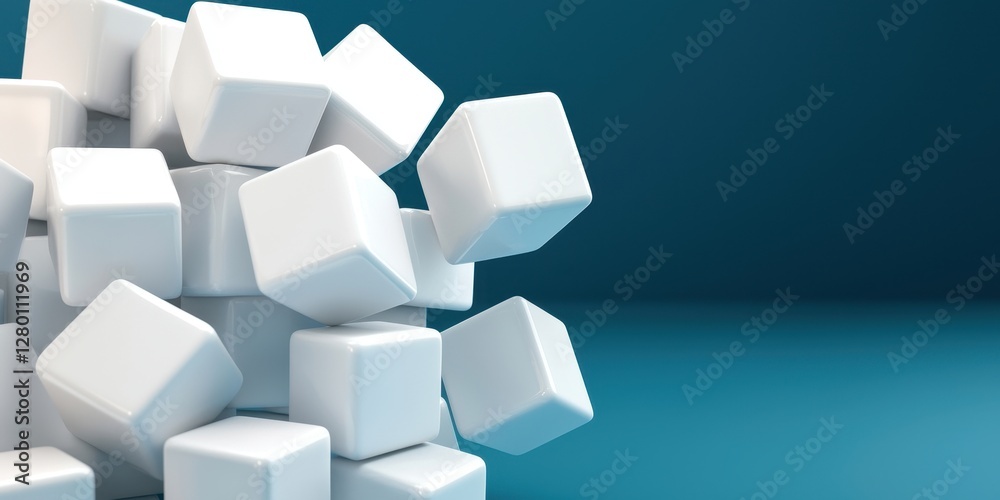 Poster a cluster of white cubes scattered on a blue surface, showcasing geometric shapes and minimalistic d