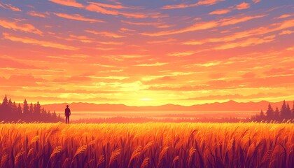 Silhouette figure sunset golden field