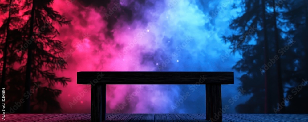 Poster a wooden bench sits in a misty forest, surrounded by vibrant red and blue fog, creating a surreal an