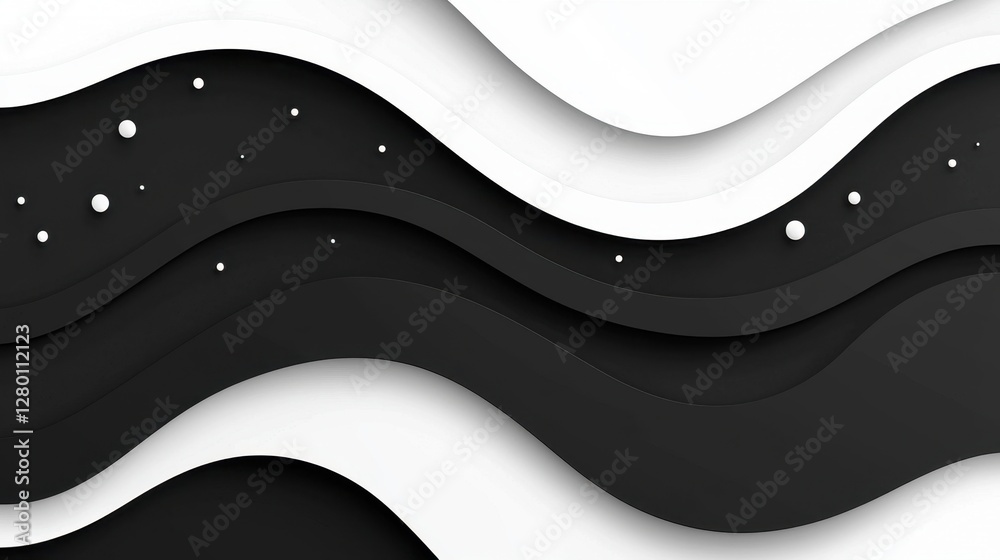 Poster abstract black and white wave pattern with smooth curves and floating dots for modern design applica