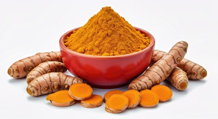 A Small Red Ceramic Bowl Filled With Bright Orange Turmeric Powder, Surrounded by Raw Turmeric Roots