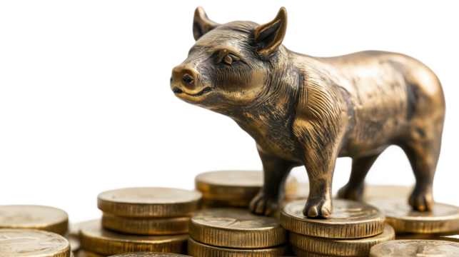 Bronze Pig Statue on Stacked Coins