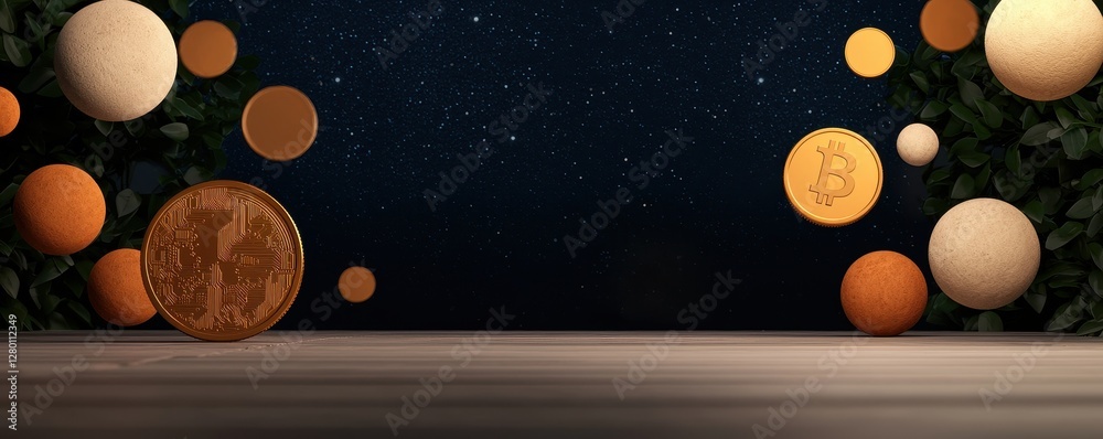 Aufkleber a digital scene featuring various cryptocurrency coins and spheres floating against a starry backgro