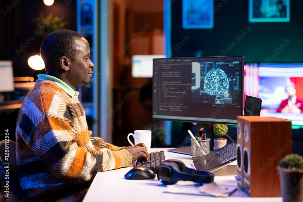Poster african american worker at desk using personal computer for programming and data analysis. male netw