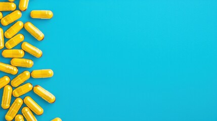 Yellow Capsules on Turquoise Background Minimalist Medical Concept