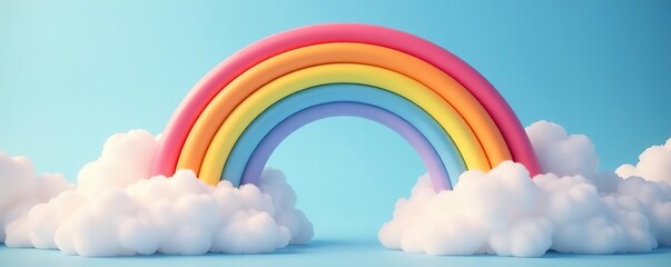 Obraz premium Whimsical, colorful, swirly circle rainbow against a cloudy soft blue background, rainbow, cloud