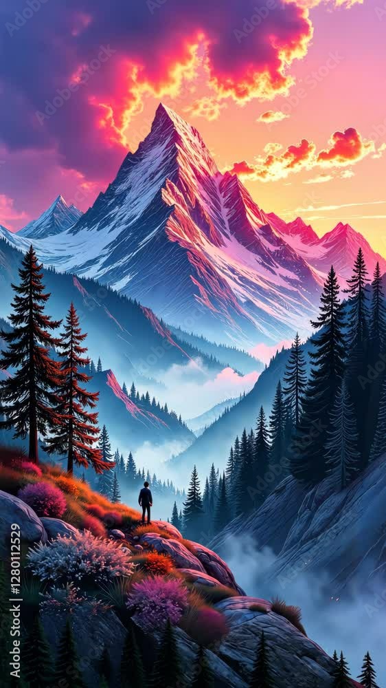 Poster a person is standing on a mountain top. the mountain is covered in trees and has a snow cap