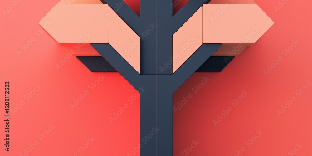 Poster A geometric design featuring a stylized tree with block-like branches against a vibrant red background.